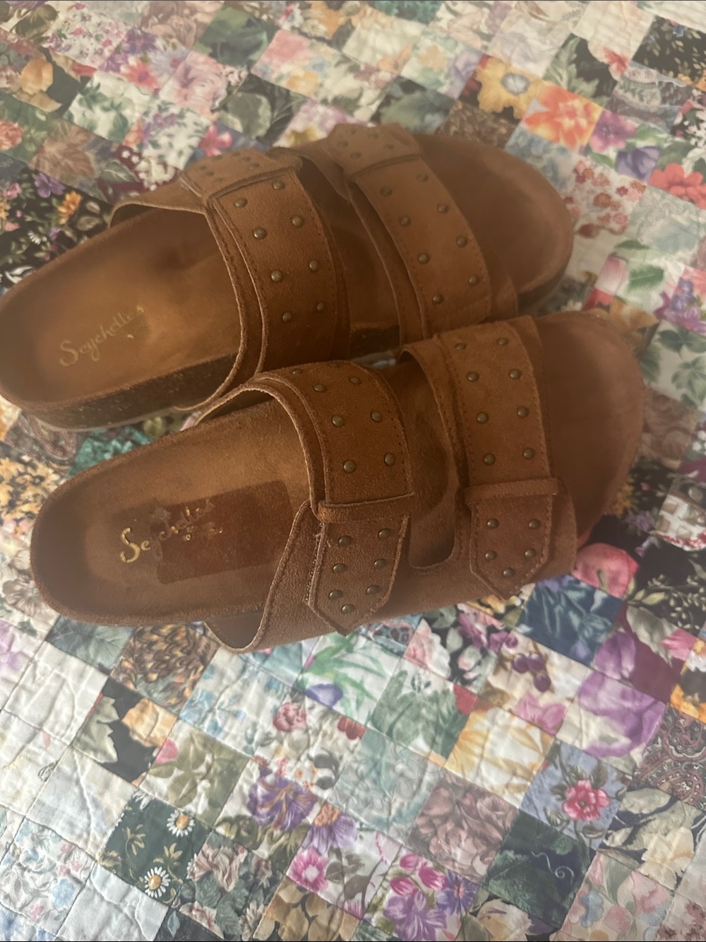 Seychelles  Tan Suede Double-Strap Stud Sandals